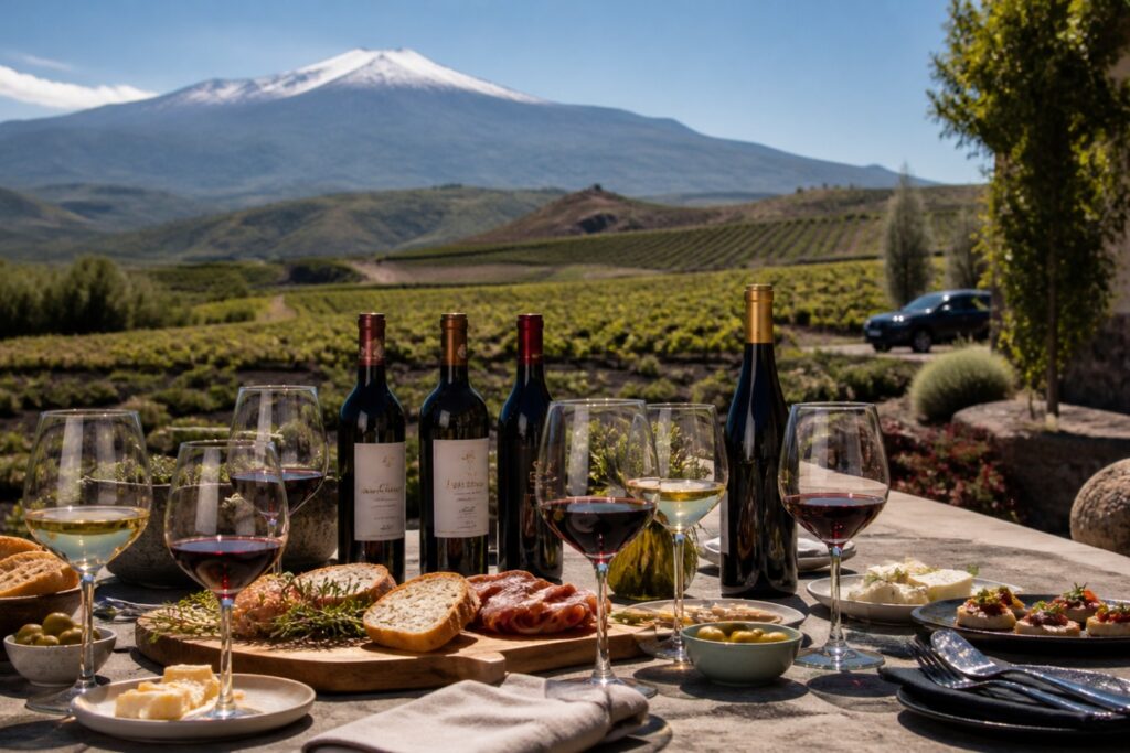 Etna wine tasting with vineyard and volcano view