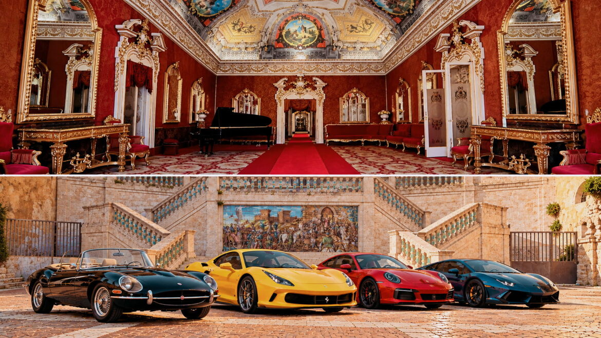 Palazzo Spadaro Libertini a Caltagirone con salone storico e auto sportive e d’epoca